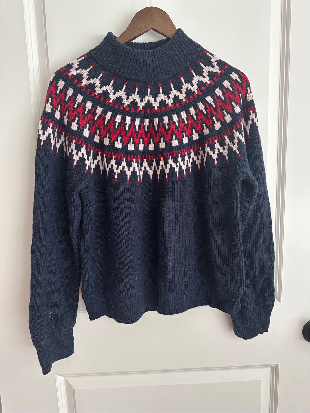 J. Crew Navy Crewneck Sweater with Red and Cream Fair Isle Yoke